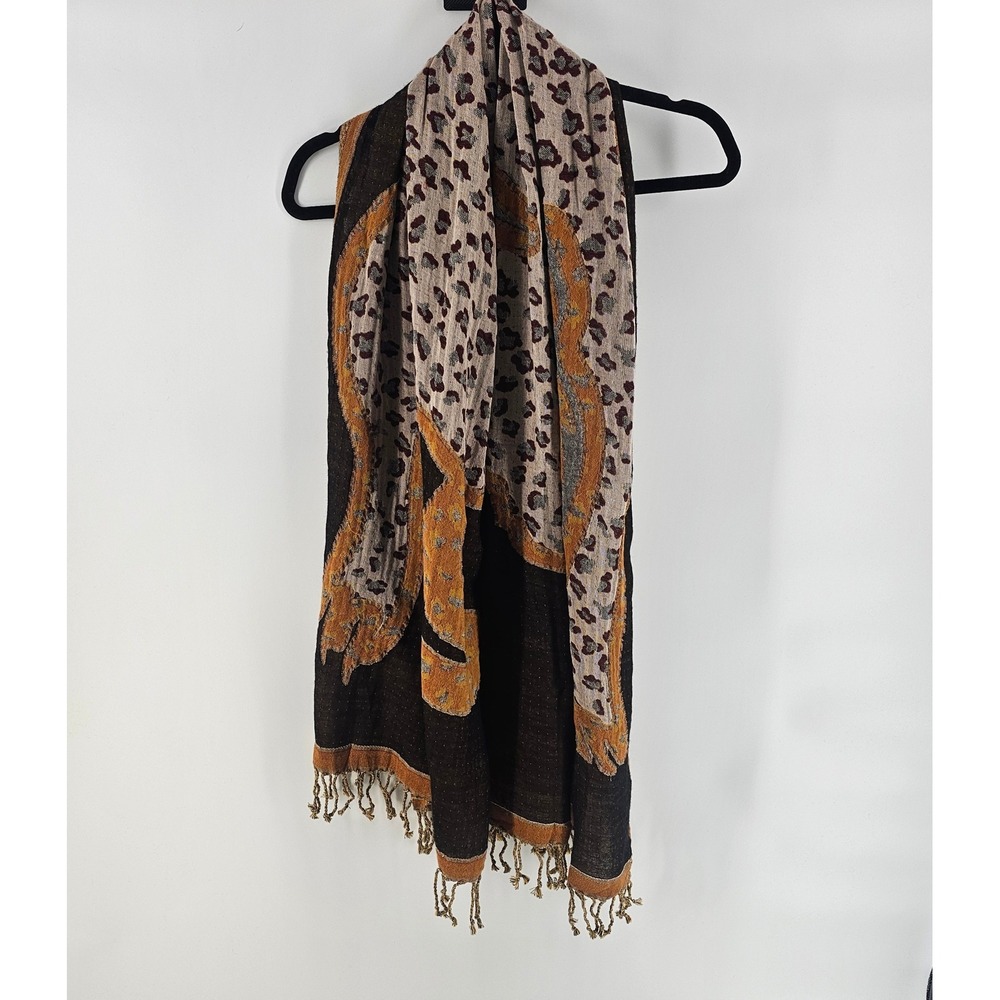 Echo Cotton Wool Scarf Brown Big Cat Print Fringe Boho Safari Wrap Blanket 72x26